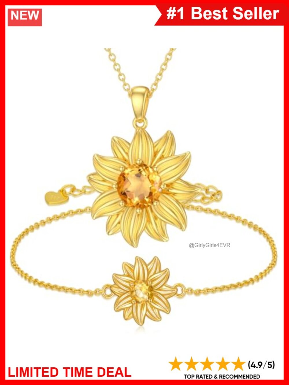 Sunflower Necklace Bracelet Set 925 Sterling Silver Gold Plated Citrine